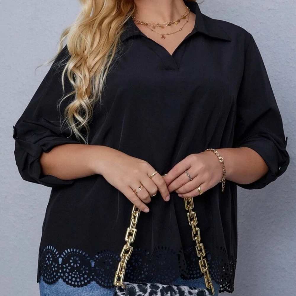 ⚡2/$20⚡1XL Plus Laser Cut Scallop Trim Roll Tab Sleeve Blouse - SHEIN